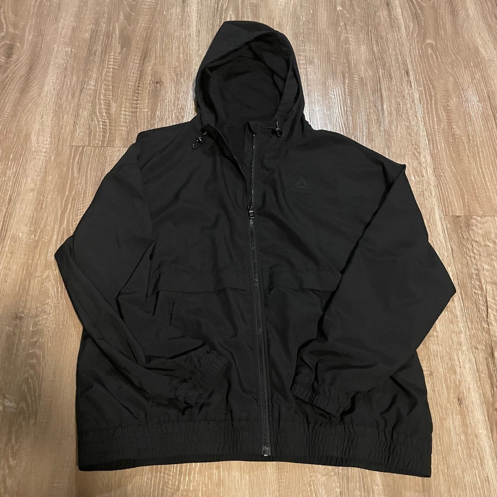 Reebok Mens Windbreaker Jacket Small Black Polyester Full Zip Hooded REW251JK16